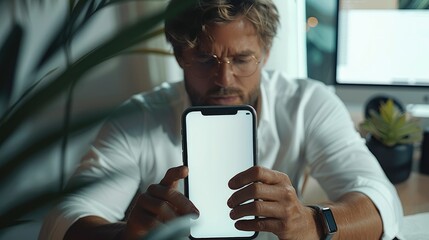 Poster - Businessman reading an informations on the phone screen. Phone white screen mockup. empty mockup. Generative AI.