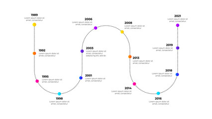 Wall Mural - Zigzag timeline with 14 circle elements and year indication. Illustration for company's annual progress or development history visualization
