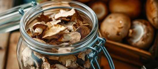 Wall Mural - A jar filled with dried mushrooms is placed on a wooden table, ready to be used as a key ingredient in a delicious recipe