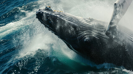 Wall Mural - the whale is falling on its back and spraying water in the air, closeup. generative ai