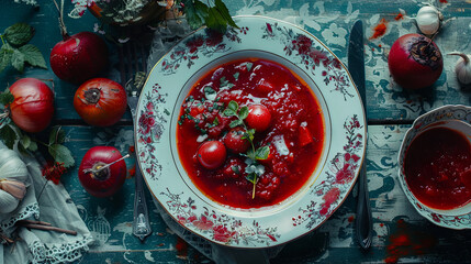 Canvas Print - Plate of delicious borscht with spices on a wooden table, top view