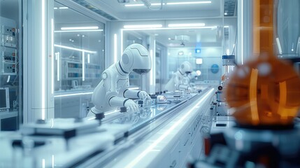 Leinwandbilder - In a state-of-the-art research facility, robotic arms carefully assemble intricate components for a groundbreaking medical device. Generative AI.