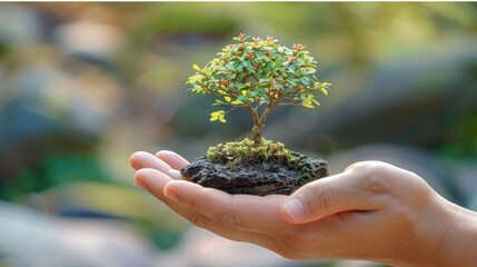 Leinwandbilder - Close-up hand hold tiny tree, green peace theme, nature blur background, natural light. Generative AI.