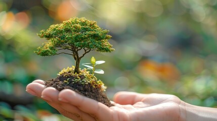 Leinwandbilder - Close-up hand hold tiny tree, green peace theme, nature blur background, natural light. Generative AI.