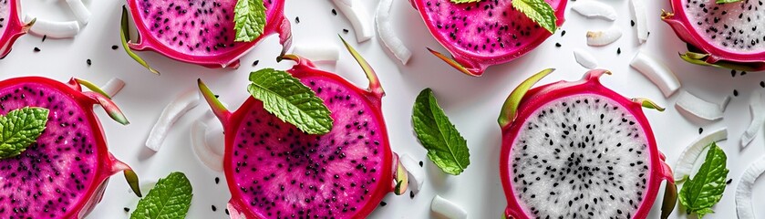 Wall Mural - Exotic Dragon Fruit, slices of exotic dragon fruit arranged in a visually striking pattern on a white platter, generative AI, background image