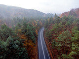 Fototapeta Na ścianę - The view from above, an empty road through the forest. Aerial view.