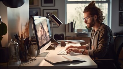 Aufkleber - A young handsome creative graphic designer, Artist, Photographer, Videographer at a computer in a modern bright office.