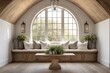 Rustic Retreat: Farmhouse Flair Arched Ceiling Home Designs - Wooden Bench Seating Amidst Serene Atmosphere