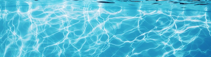 Underwater panorama of swimming pool  water with sun reflections, panoramic banner background