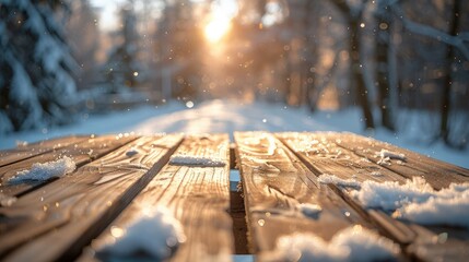 Aufkleber - Empty wooden table top with blur background of winter. Generative AI.