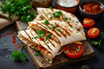 Wall Mural - Traditional Mexican food Grilled chicken quesadillas with tomato sauce vegetables and parsley a delicious closeup snack
