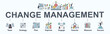 Change management banner web icon for business transformation and organizational change with team, strategy, plan, improve, engage, execute, measure and success. Minimal vector infographic.