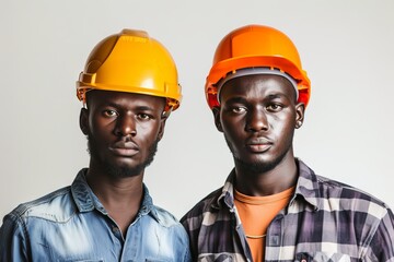 Wall Mural - Young workers in hard hats on a white background