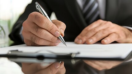 Poster - A person's hand holding a pen, carefully crafting words on a document using office supplies as their instrument in an act of creation and organization within the confines of an office space