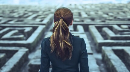 Closeup rearview of a young businesswoman with brunette hair wearing an elegant suit, standing in front of the labyrinth or maze. Strategy and plan for a company problem solution and future success. 