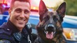 Handsome young policeman and his German shepherd police dog closeup, looking at the camera and smiling, standing in front of the police car outdoors on a summer day. Police officer and his pet