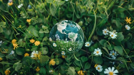 Fototapete - A vibrant sphere sits amidst a colorful garden, bringing life and joy to the serene outdoor landscape