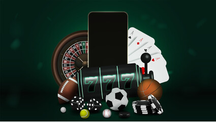 Wall Mural - A web banner with a slot machine, cards, roulette, smartphone, poker chips and dice and soccer, basketball, tennis and baseball balls. A concept for casinos and sports betting.