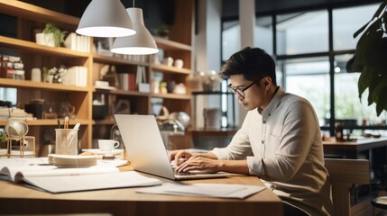 Aufkleber - Side view of a young Asian man, Businessman, creative graphic designer, Artist, Photographer, retoucher working at a computer in a modern bright office.