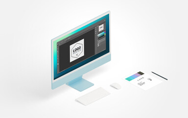 Poster - Logo creation process on computer display, alongside paper sketch and pen in isometric view, blending digital and traditional design methods