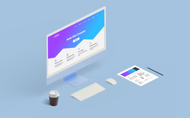 Leinwandbilder - Isometric view of a modern computer displaying a web page creator interface, showcasing online tools for web page creation