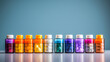 a row of colorful pill bottles against a clean light blue backdrop, symbolizing the importance of medication in healthcare