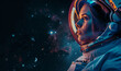 © Mangsaab - Attractive female astronaut in space. planet and star reflect on helmet.