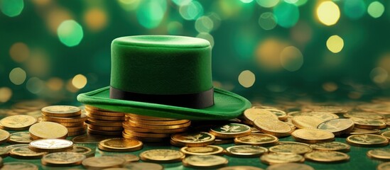 St Patrick's Day. Green Leprechaun Hat with many gold coins green background b