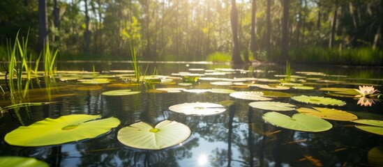 Wall Mural - Tranquil pond with blooming water lillies and vibrant green lily pads reflecting serene nature