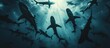 Fascinating underwater scene of a diverse group of sharks swimming gracefully in the deep ocean