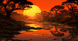 an orange sunset with trees rocks and a stream