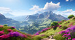 a mountain view with colorful flowers and greenery