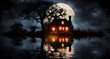 a lit house next to a body of water in the moonlight