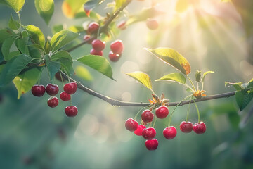 Branches with red ripe cherries against green natural background with sun rays.