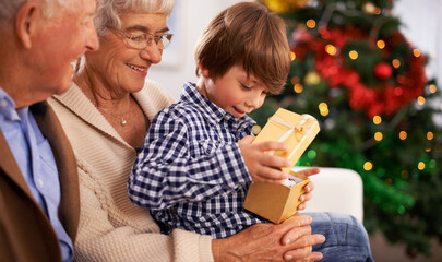 Poster - People, grandparents and family with Christmas gift for festive season together for celebration, presents or holiday. Elderly man, woman and couch at home in Canada for bonding, vacation or relaxing