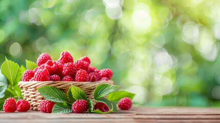 Wall Mural - Wicker basket with freshly picked red raspberry and green leaves on a wooden table in a garden against a green natural blurred background. Copy space.