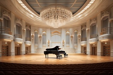 Wall Mural - Step into the world of classical charm with a concert hall background, highlighting the architectural brilliance, luxurious seating, Generative AI