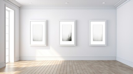 Three blank frame mockups on white wall in the room