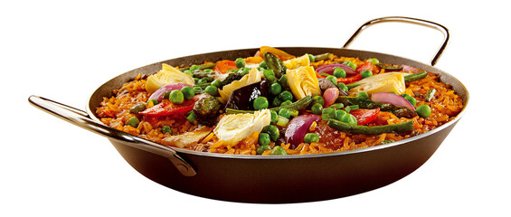 panela de ferro com deliciosa paella vegetariana isolado em fundo transparente