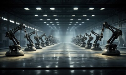 Canvas Print - Industrial robots in a factory with bright lights. Generative AI.