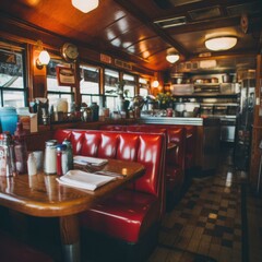 A restaurant with red booths and a table. Generative AI.