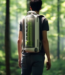 Sticker - A man with a backpack in the woods. Generative AI.