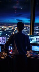 Sticker - A man in a control tower looking at the city lights. Generative AI.