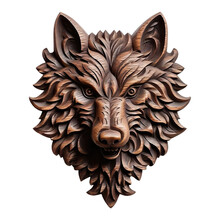 Mahogany Wooden Engraving Wolf Head Trophy, Wall Hanging Isolated On Transparent Background.