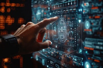 Poster - Finger pressing on digital circuit panel symbolizing intersection of technology and business in future concept highlighting modern computer interfaces with focus on innovation data and network systems