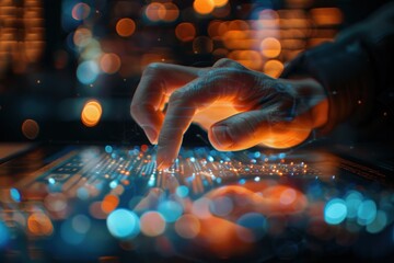 Poster - Finger pressing on digital circuit panel symbolizing intersection of technology and business in future concept highlighting modern computer interfaces with focus on innovation data and network systems