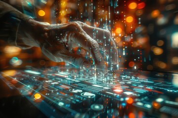 Poster - Finger pressing on digital circuit panel symbolizing intersection of technology and business in future concept highlighting modern computer interfaces with focus on innovation data and network systems