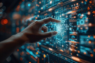 Poster - Finger pressing on digital circuit panel symbolizing intersection of technology and business in future concept highlighting modern computer interfaces with focus on innovation data and network systems