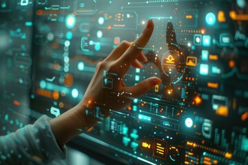 Poster - Finger pressing on digital circuit panel symbolizing intersection of technology and business in future concept highlighting modern computer interfaces with focus on innovation data and network systems