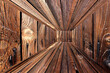 Długi korytarz z brązowych desek z widocznymi sękami i słojami, cyfrowa iluzja perspektywy, głębia – tło, tekstura